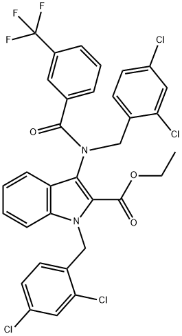 ETHYL 1-(2,4-DICHLOROBENZYL)-3-((2,4-DICHLOROBENZYL)[3-(TRIFLUOROMETHYL)BENZOYL]AMINO)-1H-INDOLE-2-CARBOXYLATE Struktur