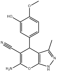 6-AMINO-4-(3-HYDROXY-4-METHOXY-PHENYL)-3-METHYL-1,4-DIHYDRO-PYRANO[2,3-C]PYRAZOLE-5-CARBONITRILE Struktur