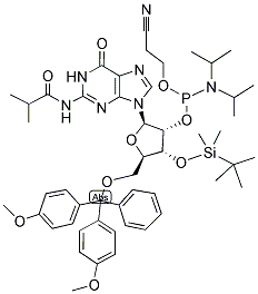 5'-O-(4,4'-DIMETHOXYTRITYL)-N2-ISOBUTYRYL-R-GUANOSINE-3'-T-BUTYLDIMETHYLSILYL-2'-(2-CYANOETHYL-N,N-DIISOPROPYL)PHOSPHORAMIDITE Struktur