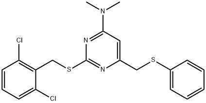 2-[(2,6-DICHLOROBENZYL)SULFANYL]-N,N-DIMETHYL-6-[(PHENYLSULFANYL)METHYL]-4-PYRIMIDINAMINE Struktur