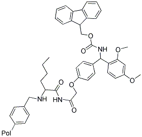 4-(2',4'-DIMETHOXYPHENYL-FMOC-AMINOMETHYL)-PHENOXYACETAMIDO-NORLEUCYLAMINOMETHYL RESIN Struktur