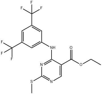 ETHYL 4-[3,5-BIS(TRIFLUOROMETHYL)ANILINO]-2-(METHYLSULFANYL)-5-PYRIMIDINECARBOXYLATE Struktur