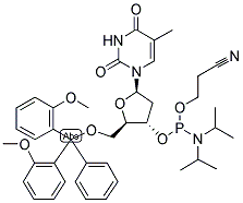 5'-O-DIMETHOXYTRITYLTHYMIDINE 3'-(2-CYANOETHOXY)-N,N-DIISOPROPYLPHOSPHORAMIDITE Struktur