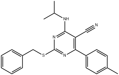 2-(BENZYLSULFANYL)-4-(ISOPROPYLAMINO)-6-(4-METHYLPHENYL)-5-PYRIMIDINECARBONITRILE Struktur