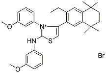 4-(3-ETHYL-5,5,8,8-TETRAMETHYL-5,6,7,8-TETRAHYDRONAPHTHALEN-2-YL)-2-(3-METHOXYANILINO)-3-(3-METHOXYPHENYL)-1,3-THIAZOL-3-IUM BROMIDE Struktur