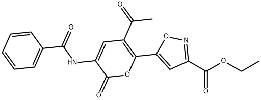 ETHYL 5-[5-ACETYL-3-(BENZOYLAMINO)-2-OXO-2H-PYRAN-6-YL]-3-ISOXAZOLECARBOXYLATE Struktur