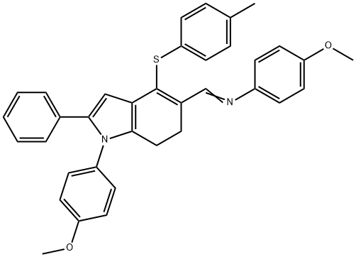 4-METHOXY-N-((E)-(1-(4-METHOXYPHENYL)-4-[(4-METHYLPHENYL)SULFANYL]-2-PHENYL-6,7-DIHYDRO-1H-INDOL-5-YL)METHYLIDENE)ANILINE Struktur