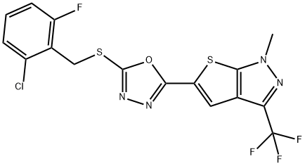 2-CHLORO-6-FLUOROBENZYL 5-[1-METHYL-3-(TRIFLUOROMETHYL)-1H-THIENO[2,3-C]PYRAZOL-5-YL]-1,3,4-OXADIAZOL-2-YL SULFIDE Struktur