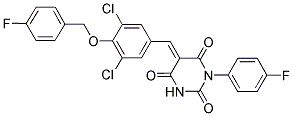 (5E)-5-{3,5-DICHLORO-4-[(4-FLUOROBENZYL)OXY]BENZYLIDENE}-1-(4-FLUOROPHENYL)PYRIMIDINE-2,4,6(1H,3H,5H)-TRIONE Struktur