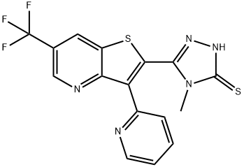 4-METHYL-5-[3-(2-PYRIDINYL)-6-(TRIFLUOROMETHYL)THIENO[3,2-B]PYRIDIN-2-YL]-4H-1,2,4-TRIAZOL-3-YLHYDROSULFIDE Struktur