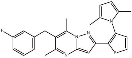 2-[3-(2,5-DIMETHYL-1H-PYRROL-1-YL)-2-THIENYL]-6-(3-FLUOROBENZYL)-5,7-DIMETHYLPYRAZOLO[1,5-A]PYRIMIDINE Struktur