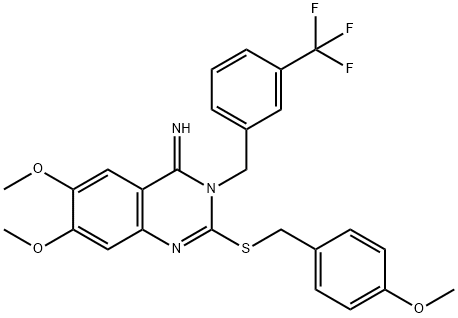 6,7-DIMETHOXY-2-[(4-METHOXYBENZYL)SULFANYL]-3-[3-(TRIFLUOROMETHYL)BENZYL]-4(3H)-QUINAZOLINIMINE Struktur