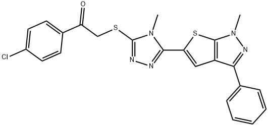 1-(4-CHLOROPHENYL)-2-([4-METHYL-5-(1-METHYL-3-PHENYL-1H-THIENO[2,3-C]PYRAZOL-5-YL)-4H-1,2,4-TRIAZOL-3-YL]SULFANYL)-1-ETHANONE Struktur