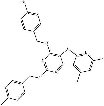 4-CHLOROBENZYL 7,9-DIMETHYL-2-[(4-METHYLBENZYL)SULFANYL]PYRIDO[3',2':4,5]THIENO[3,2-D]PYRIMIDIN-4-YL SULFIDE Struktur