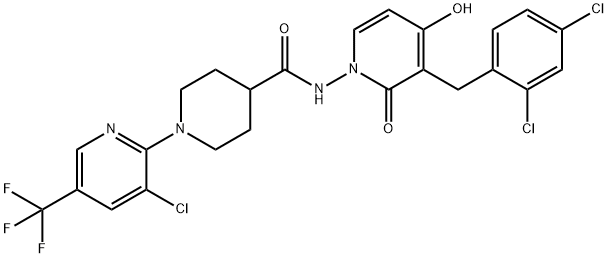 1-[3-CHLORO-5-(TRIFLUOROMETHYL)-2-PYRIDINYL]-N-[3-(2,4-DICHLOROBENZYL)-4-HYDROXY-2-OXO-1(2H)-PYRIDINYL]-4-PIPERIDINECARBOXAMIDE Struktur