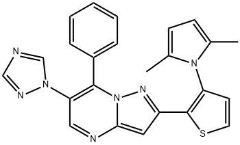 2-[3-(2,5-DIMETHYL-1H-PYRROL-1-YL)-2-THIENYL]-7-PHENYL-6-(1H-1,2,4-TRIAZOL-1-YL)PYRAZOLO[1,5-A]PYRIMIDINE Struktur