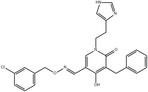 5-BENZYL-4-HYDROXY-1-[2-(1H-IMIDAZOL-4-YL)ETHYL]-6-OXO-1,6-DIHYDRO-3-PYRIDINECARBALDEHYDE O-(3-CHLOROBENZYL)OXIME Struktur