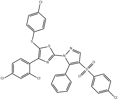 4-CHLOROPHENYL 1-[5-[(4-CHLOROPHENYL)SULFANYL]-4-(2,4-DICHLOROPHENYL)-1,3-THIAZOL-2-YL]-5-PHENYL-1H-PYRAZOL-4-YL SULFONE Struktur