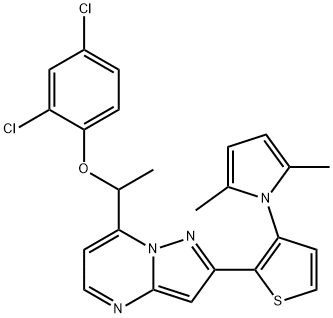 2,4-DICHLOROPHENYL 1-(2-[3-(2,5-DIMETHYL-1H-PYRROL-1-YL)-2-THIENYL]PYRAZOLO[1,5-A]PYRIMIDIN-7-YL)ETHYL ETHER Struktur