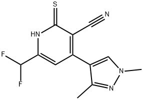 6-DIFLUOROMETHYL-4-(1,3-DIMETHYL-1H-PYRAZOL-4-YL)-2-MERCAPTO-NICOTINONITRILE Struktur