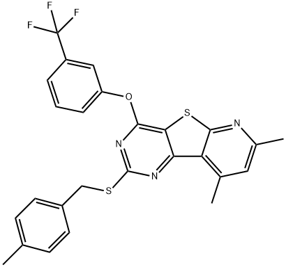 7,9-DIMETHYL-2-[(4-METHYLBENZYL)SULFANYL]-4-[3-(TRIFLUOROMETHYL)PHENOXY]PYRIDO[3',2':4,5]THIENO[3,2-D]PYRIMIDINE Struktur