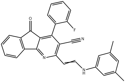 2-[(E)-2-(3,5-DIMETHYLANILINO)ETHENYL]-4-(2-FLUOROPHENYL)-5-OXO-5H-INDENO[1,2-B]PYRIDINE-3-CARBONITRILE Struktur