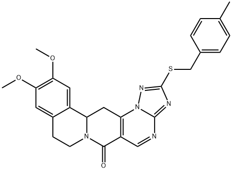 11,12-DIMETHOXY-2-[(4-METHYLBENZYL)SULFANYL]-8,9,13B,14-TETRAHYDRO-6H-[1,2,4]TRIAZOLO[5'',1'':2',3']PYRIMIDO[4',5':4,5]PYRIDO[2,1-A]ISOQUINOLIN-6-ONE Struktur