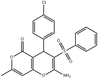 2-AMINO-4-(4-CHLOROPHENYL)-7-METHYL-3-(PHENYLSULFONYL)-4H,5H-PYRANO[4,3-B]PYRAN-5-ONE Struktur