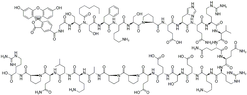 FAM-GLY-SER-[SER(N-OCTANOYL)]-PHE-LEU-SER-PRO-GLU-HIS-GLN-ARG-VAL-GLN-GLN-ARG-LYS-GLU-SER-LYS-LYS-PRO-PRO-ALA-LYS-LEU-GLN-PRO-ARG-OH Struktur