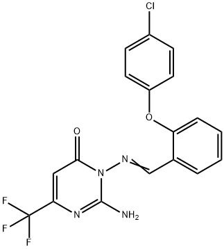 2-AMINO-3-(((E)-[2-(4-CHLOROPHENOXY)PHENYL]METHYLIDENE)AMINO)-6-(TRIFLUOROMETHYL)-4(3H)-PYRIMIDINONE Struktur