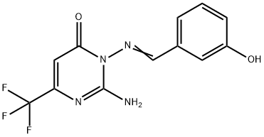 2-AMINO-3-([(E)-(3-HYDROXYPHENYL)METHYLIDENE]AMINO)-6-(TRIFLUOROMETHYL)-4(3H)-PYRIMIDINONE Struktur