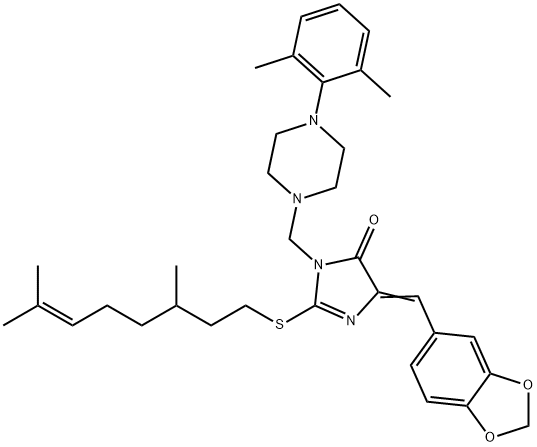 5-(1,3-BENZODIOXOL-5-YLMETHYLENE)-2-[(3,7-DIMETHYL-6-OCTENYL)SULFANYL]-3-([4-(2,6-DIMETHYLPHENYL)PIPERAZINO]METHYL)-3,5-DIHYDRO-4H-IMIDAZOL-4-ONE Structure