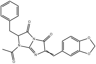 1-ACETYL-6-[(Z)-1,3-BENZODIOXOL-5-YLMETHYLIDENE]-2-BENZYL-1H-IMIDAZO[1,2-A]IMIDAZOLE-3,5(2H)-DIONE Struktur