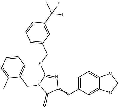 5-[(E)-1,3-BENZODIOXOL-5-YLMETHYLIDENE]-3-(2-METHYLBENZYL)-2-([3-(TRIFLUOROMETHYL)BENZYL]SULFANYL)-3,5-DIHYDRO-4H-IMIDAZOL-4-ONE Struktur