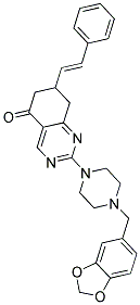 2-[4-(1,3-BENZODIOXOL-5-YLMETHYL)-1-PIPERAZINYL]-7-[(E)-2-PHENYLETHENYL]-7,8-DIHYDRO-5(6H)-QUINAZOLINONE Struktur