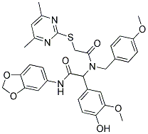 N-(BENZO[D][1,3]DIOXOL-5-YL)-2-(2-(4,6-DIMETHYLPYRIMIDIN-2-YLTHIO)-N-(4-METHOXYBENZYL)ACETAMIDO)-2-(4-HYDROXY-3-METHOXYPHENYL)ACETAMIDE Struktur