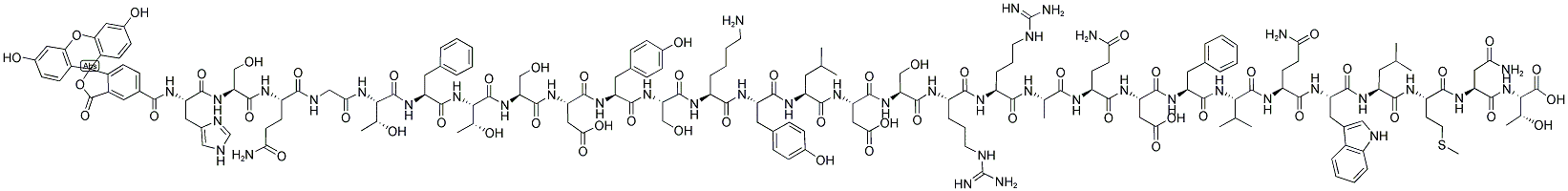 FAM-HIS-SER-GLN-GLY-THR-PHE-THR-SER-ASP-TYR-SER-LYS-TYR-LEU-ASP-SER-ARG-ARG-ALA-GLN-ASP-PHE-VAL-GLN-TRP-LEU-MET-ASN-THR-OH Struktur