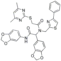 N,2-DI(BENZO[D][1,3]DIOXOL-5-YL)-2-(2-(4,6-DIMETHYLPYRIMIDIN-2-YLTHIO)-N-((4-PHENYLTHIAZOL-2-YL)METHYL)ACETAMIDO)ACETAMIDE Struktur