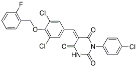 (5E)-1-(4-CHLOROPHENYL)-5-{3,5-DICHLORO-4-[(2-FLUOROBENZYL)OXY]BENZYLIDENE}PYRIMIDINE-2,4,6(1H,3H,5H)-TRIONE Struktur