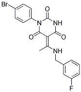 (5E)-1-(4-BROMOPHENYL)-5-{1-[(3-FLUOROBENZYL)AMINO]ETHYLIDENE}PYRIMIDINE-2,4,6(1H,3H,5H)-TRIONE Struktur