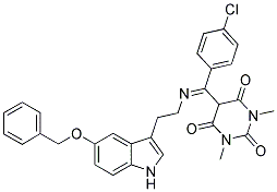 (E)-5-((2-(5-(BENZYLOXY)-1H-INDOL-3-YL)ETHYLIMINO)(4-CHLOROPHENYL)METHYL)-1,3-DIMETHYLPYRIMIDINE-2,4,6(1H,3H,5H)-TRIONE Struktur