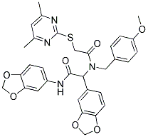 N,2-DI(BENZO[D][1,3]DIOXOL-5-YL)-2-(2-(4,6-DIMETHYLPYRIMIDIN-2-YLTHIO)-N-(4-METHOXYBENZYL)ACETAMIDO)ACETAMIDE Struktur