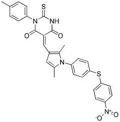 (E)-5-((2,5-DIMETHYL-1-(4-(4-NITROPHENYLTHIO)PHENYL)-1H-PYRROL-3-YL)METHYLENE)-2-THIOXO-3-P-TOLYL-DIHYDROPYRIMIDINE-4,6(1H,5H)-DIONE Struktur