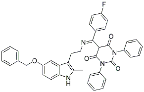 (E)-5-((2-(5-(BENZYLOXY)-2-METHYL-1H-INDOL-3-YL)ETHYLIMINO)(4-FLUOROPHENYL)METHYL)-1,3-DIPHENYLPYRIMIDINE-2,4,6(1H,3H,5H)-TRIONE Struktur