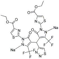 SODIUM 4,4'-((1,2,3-THIADIAZOL-4-YL)METHYLENE)BIS(1-(4-(ETHOXYCARBONYL)THIAZOL-2-YL)-5-OXO-3-(TRIFLUOROMETHYL)-1,5-DIHYDROPYRAZOL-2-IDE) Struktur