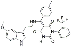 (E)-5-((2-(5-METHOXY-1H-INDOL-3-YL)ETHYLAMINO)(P-TOLYL)METHYLENE)-1-(2-(TRIFLUOROMETHYL)PHENYL)PYRIMIDINE-2,4,6(1H,3H,5H)-TRIONE Struktur