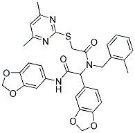 N,2-DI(BENZO[D][1,3]DIOXOL-5-YL)-2-(2-(4,6-DIMETHYLPYRIMIDIN-2-YLTHIO)-N-(2-METHYLBENZYL)ACETAMIDO)ACETAMIDE Struktur