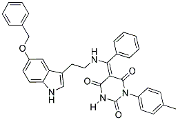 (E)-5-((2-(5-(BENZYLOXY)-1H-INDOL-3-YL)ETHYLAMINO)(PHENYL)METHYLENE)-1-P-TOLYLPYRIMIDINE-2,4,6(1H,3H,5H)-TRIONE Struktur