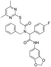 N-(BENZO[D][1,3]DIOXOL-5-YL)-2-(N-BENZYL-2-(4,6-DIMETHYLPYRIMIDIN-2-YLTHIO)ACETAMIDO)-2-(4-FLUOROPHENYL)ACETAMIDE Struktur