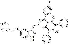 (E)-5-((2-(5-(BENZYLOXY)-1H-INDOL-3-YL)ETHYLIMINO)(4-FLUOROPHENYL)METHYL)-1,3-DIPHENYLPYRIMIDINE-2,4,6(1H,3H,5H)-TRIONE Struktur